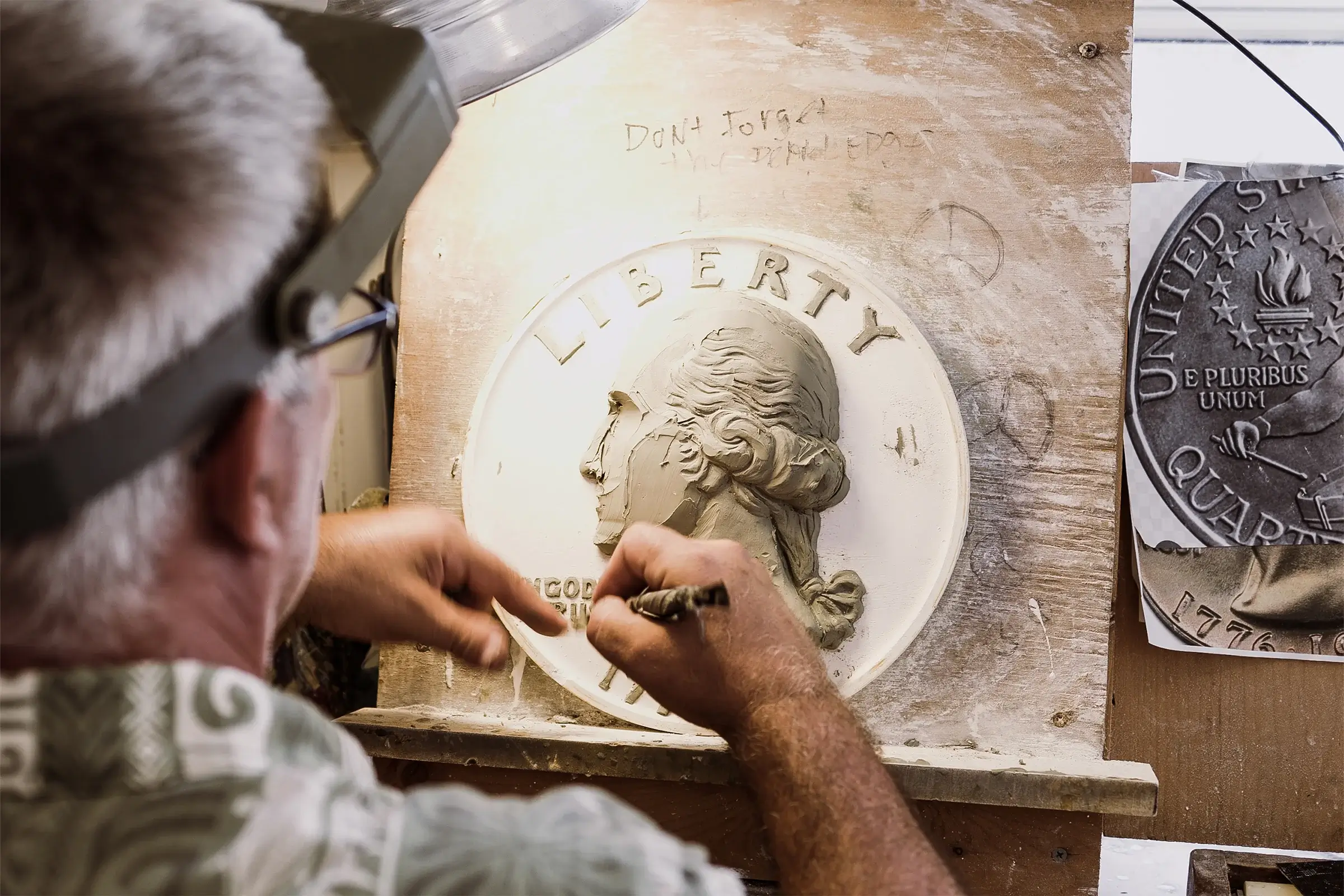 Michael Gaudioso sculpting the Bicentennial Quarter clay model