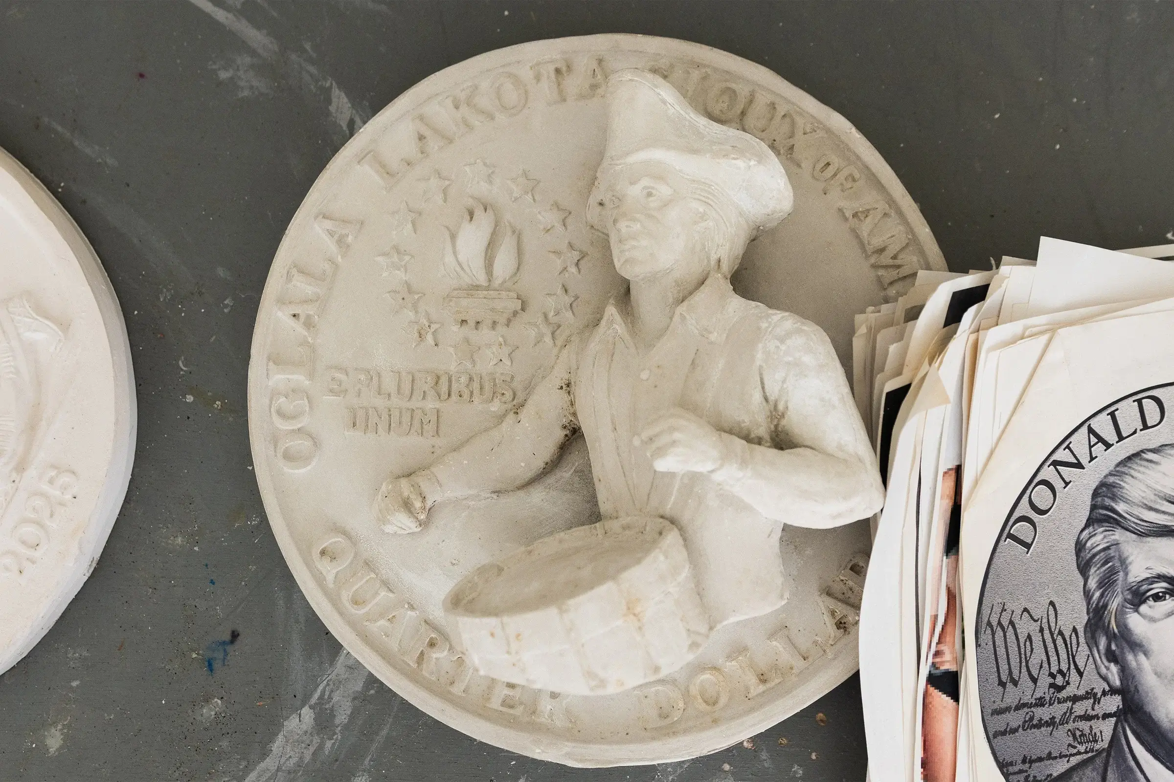 Full clay sculpture of the Bicentennial Quarter Drummer Boy design